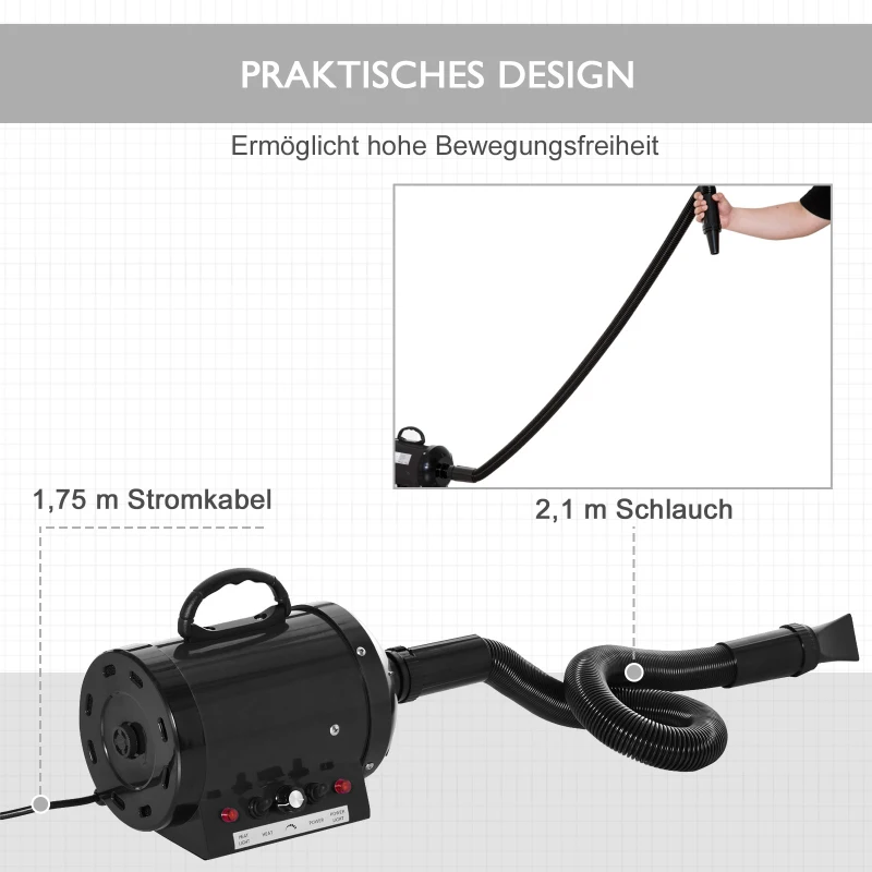 PawHut Hondenföhn Blower 2800 W Hondendroger met instelbare snelheid, temperatuurstanden, 3 mondstukken, verwarming, huisdierföhn voor honden katten huisdieren