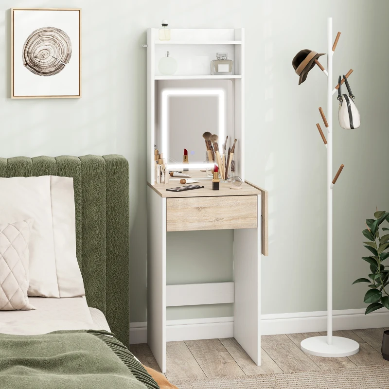 HOMCOM Small Vanity Desk with Mirror and LED Lights, Compact Dressing Table with Drop Leaf, Open Shelves and Drawer, White