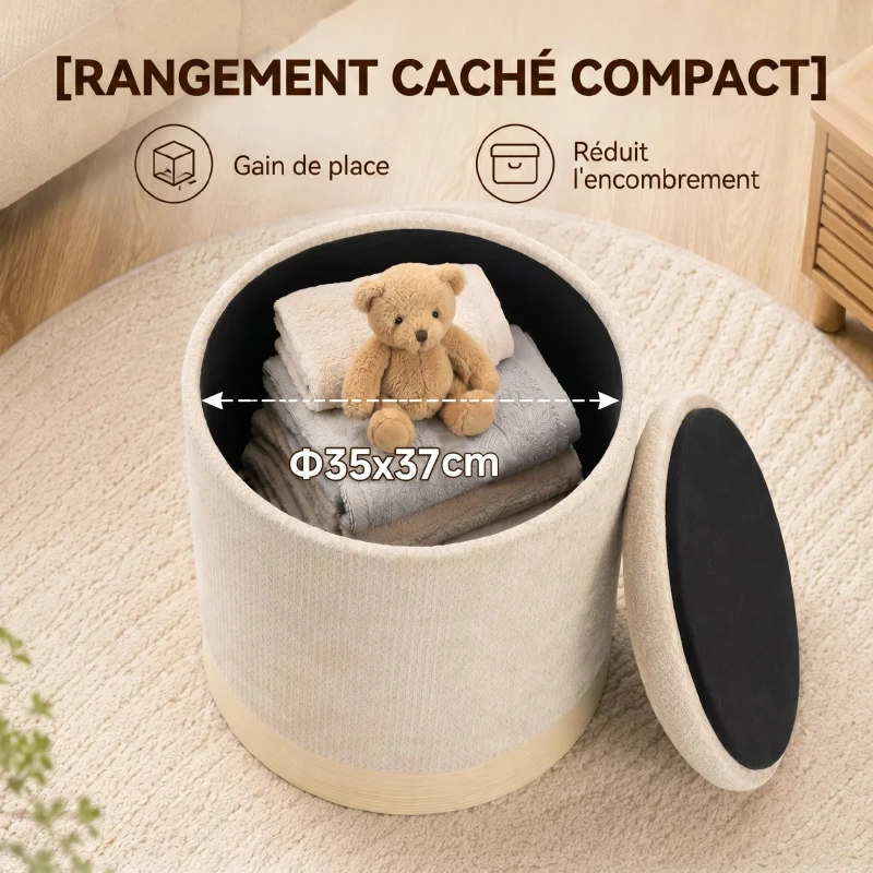 HOMCOM Pouf coffre rangement, tabouret rond en chenille, pouf repose-pieds avec base en métal effet bois, beige