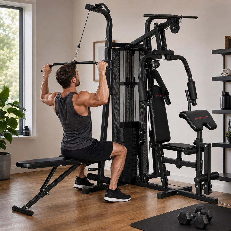 SPORTNOW Multifunktions-Trainingsstation, Heimfitness-Maschine für über 10 Übungen, Gewichte, anpassbare Fitnessbank, Schwarz