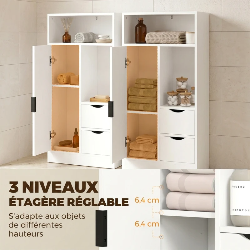 HOMCOM Meuble de salle de bain, meuble de rangement étroit avec 2 tiroirs, compartiments ouverts, 50x25x100cm, blanc