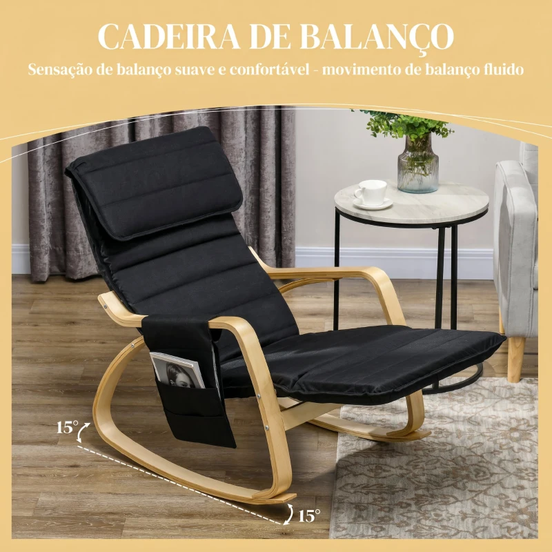 HOMCOM Cadeira de Baloiço com Apoio de Pés Ajustável em 5 Posições, Bolso Lateral, Braços em Madeira e Apoio de Cabeça, Preto