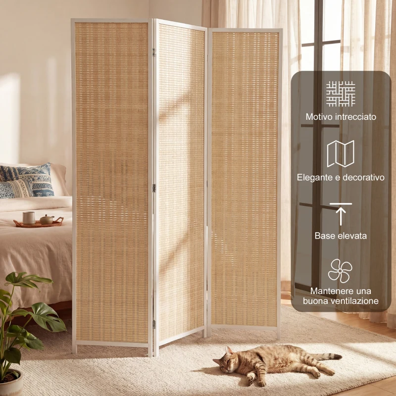 HOMCOM Paravento da Interno a 3 Ante Pieghevole in Legno e Bambù Altezza 180cm, Colore Naturale