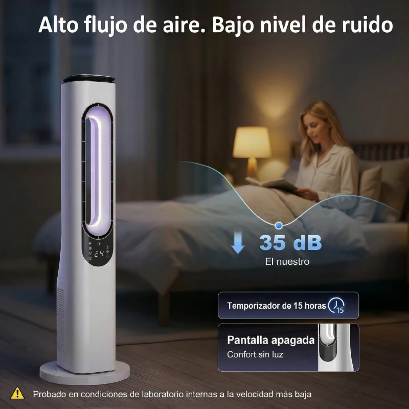HOMCOM Ventilador de Torre sin Aspas con Luces LED Control Remoto 3 Velocidades 3 Modos Temporizador 15H Oscilación 50° Blanco