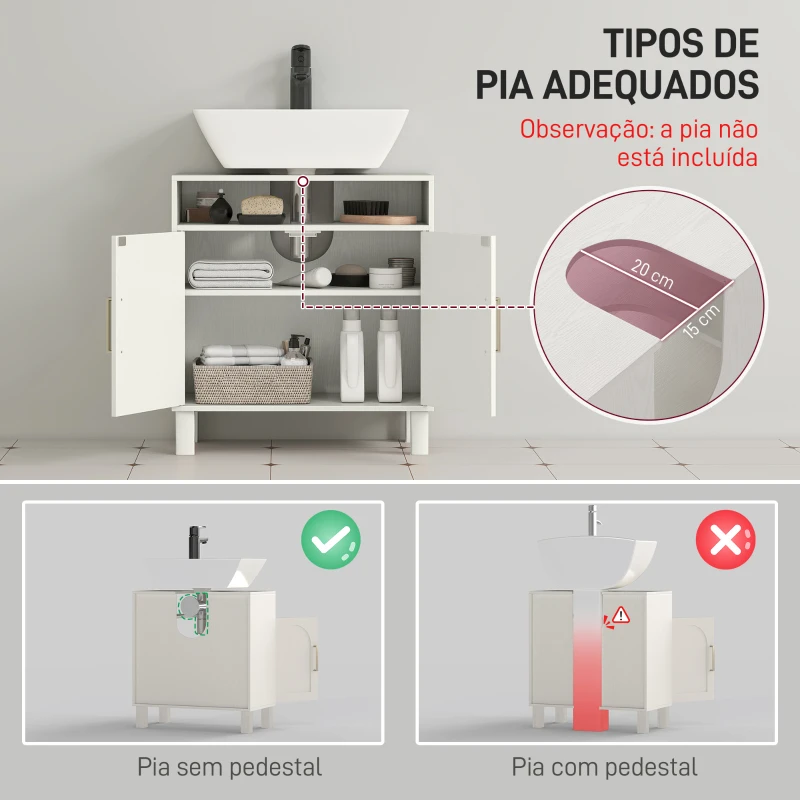 HOMCOM Móvel debaixo de Lavatório com Prateleira Ajustável para Lavatórios sem Pé 60x30x63 cm Branco Creme