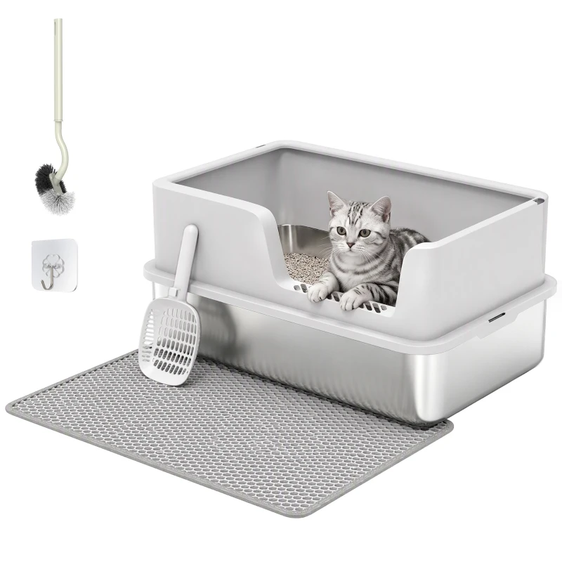 PawHut Arenero para Gatos de Acero Inoxidable XL con Borde Alto Pala Cepillo y Gancho Gris Claro