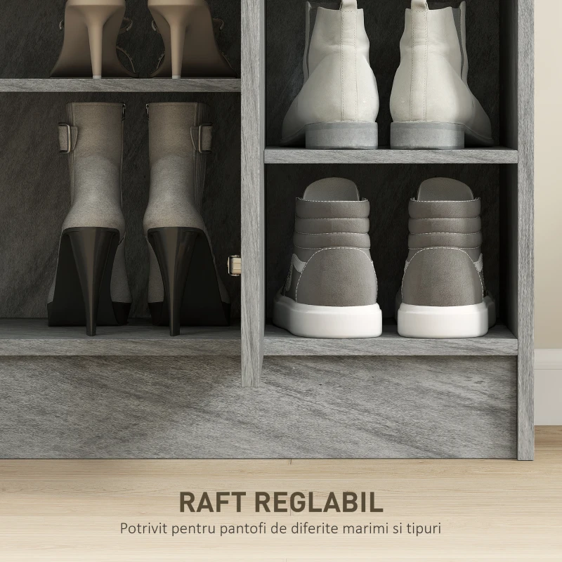 HOMCOM Dulap Modern pentru Pantofi din Lemn cu 4 Rafturi Deschise și Dulap pentru 12 Perechi, 83x30x90 cm, Gri Ciment