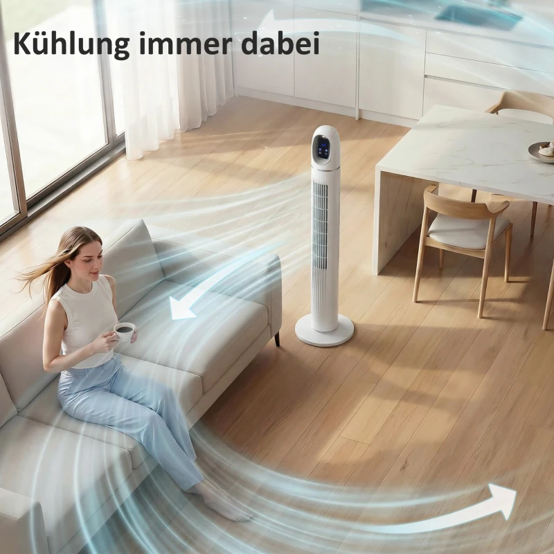 HOMCOM Torenventilator voor Slaapkamer, Staande Ventilator met 70° Oscillatie, 3 Modi, 3 Snelheden, 24-uurs Timer, Wit