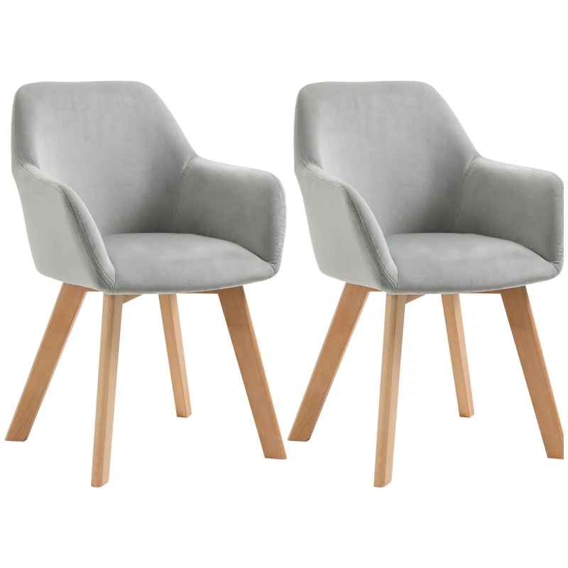 HOMCOM Set 2 Sedie per Sala da Pranzo Imbottite in Velluto con Braccioli e Gambe in Legno, Grigio