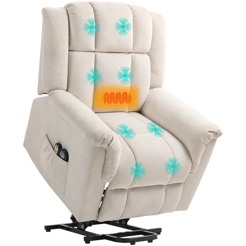 HOMCOM Powerlift Stoel, Massagstoel met Verwarmingsfunctie, Gepolsterde Stoel met Voetsteun, Zijvak, Stoffen Bekleding, Beige