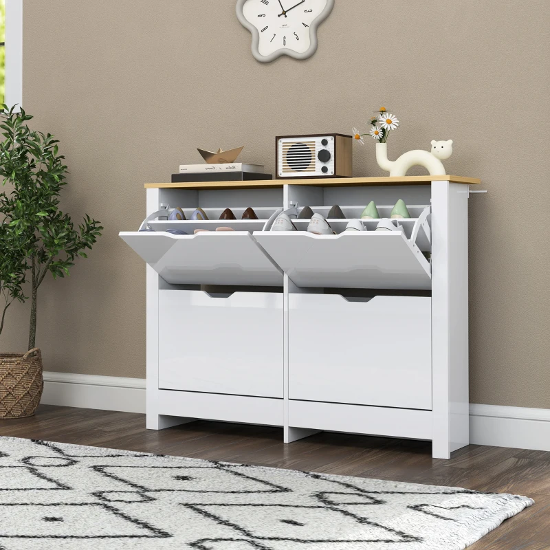 HOMCOM Smalle Schoenenkast met 4 Klapvakken voor 8–16 Paar Schoenen, 105 x 26 x 80 cm, Wit + Natuurlijk hout