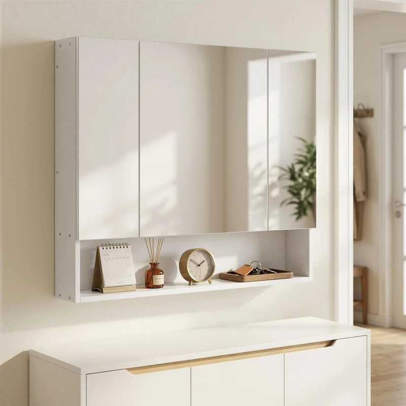 kleankin Armoire murale salle de bain avec miroir, armoire de toilette 3 portes miroir, étagères réglables, 90x15x75cm, blanc