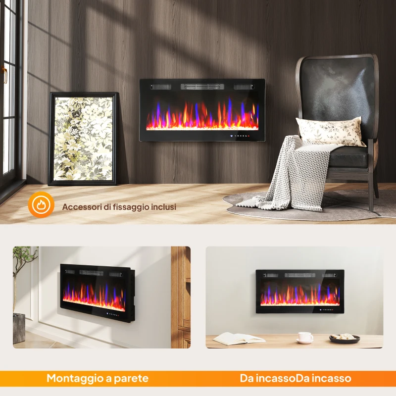 HOMCOM Camino Elettrico da Incasso o a Parete con Temperatura Regolabile, in Acciaio e Vetro, 91.4x9.4x47 cm, Nero
