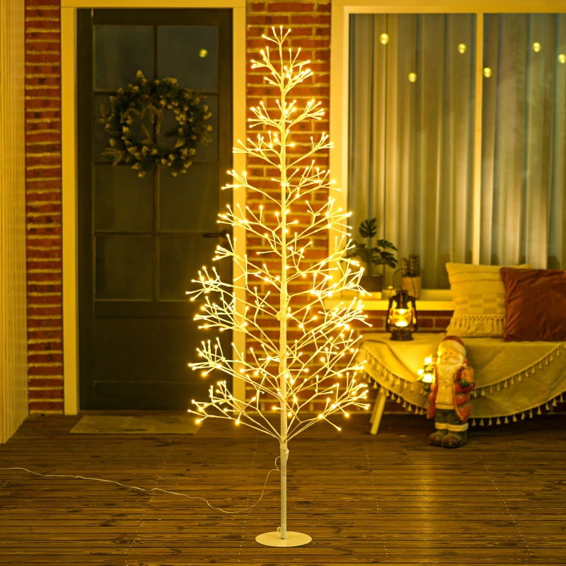 HOMCOM Sapin de Noël artificiel 180 cm avec 384 LED blanc chaud, branches flexibles, base en acier, blanc