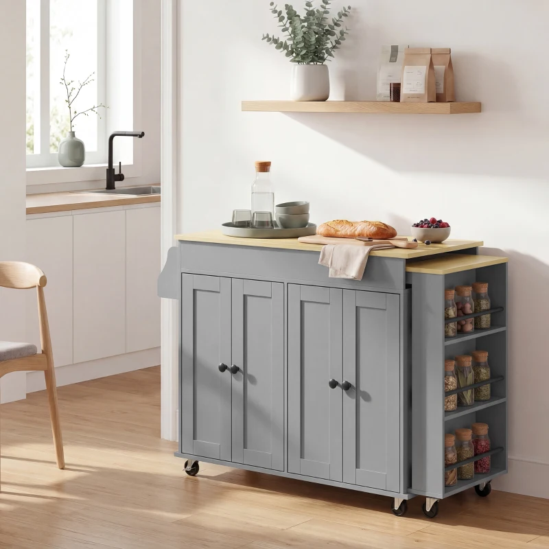 HOMCOM Isla de Cocina con Ruedas Encimera Extensible 4 Puertas Estantes Ajustables Especiero y Soporte para Toallas Gris