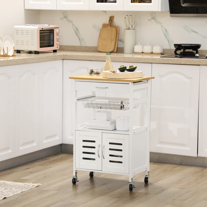 HOMCOM Carrito de Cocina con Ruedas Carro de Almacenamiento Multiuso con Encimera de Bambú Cajón Cesta Metálica y Armario de 2 Puertas de Persiana 58x37x85,5 cm Blanco