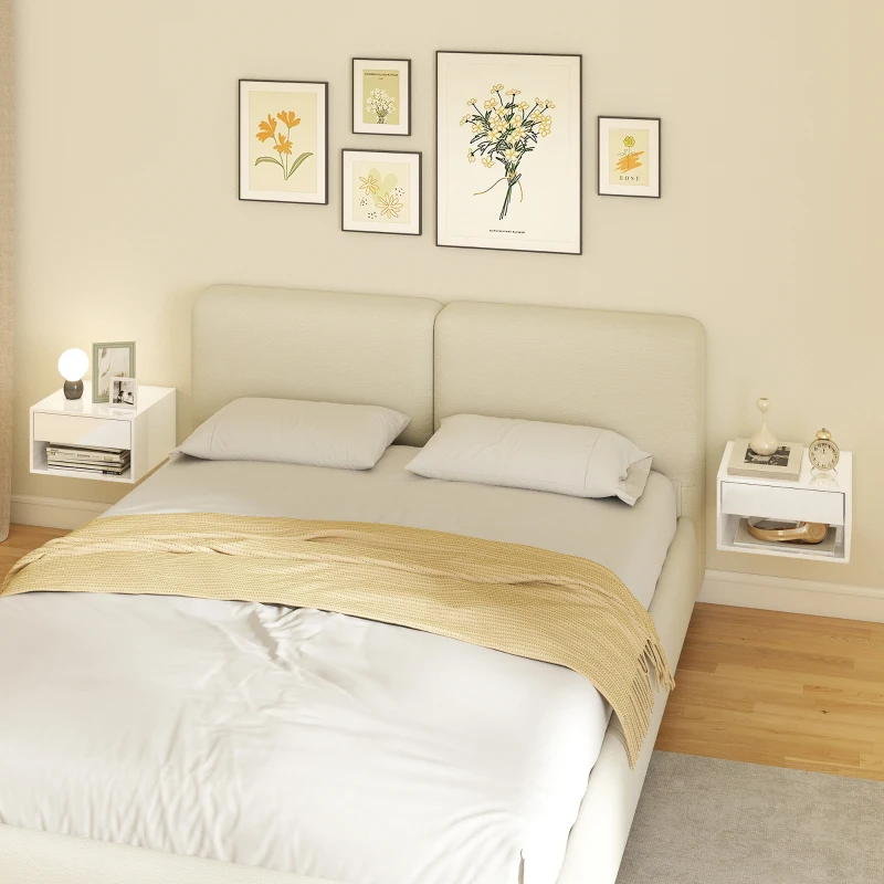 HOMCOM Juego de 2 Mesitas de Noche Flotantes Mesillas de Noche con Cajón y Estante Abierto 37x32x21 cm Blanco Brillante