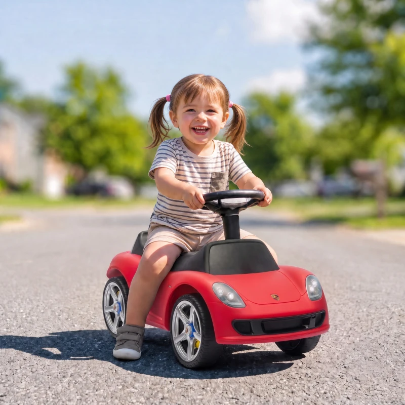 AIYAPLAY Voiture sans pédales pour bébés 18-36 mois Licence Porsche 2 phares Klaxon Son de démarrage 63x28,5x38 cm Rouge