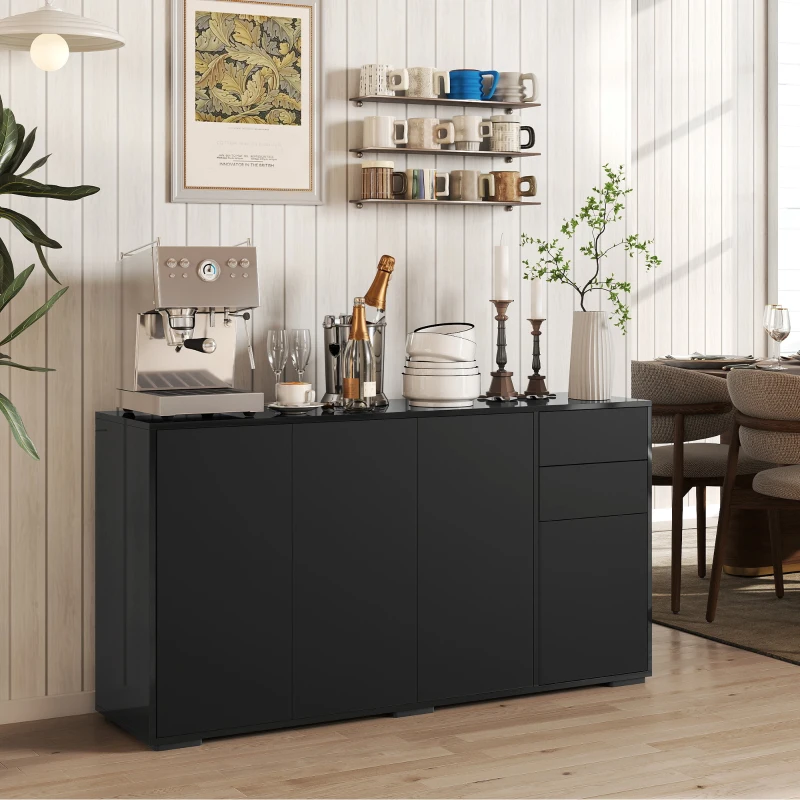 HOMCOM Buffet meuble de rangement 2 tiroirs coulissants 4 portes étagère réglable panneaux de particules 140 x 36 x 74 cm noir