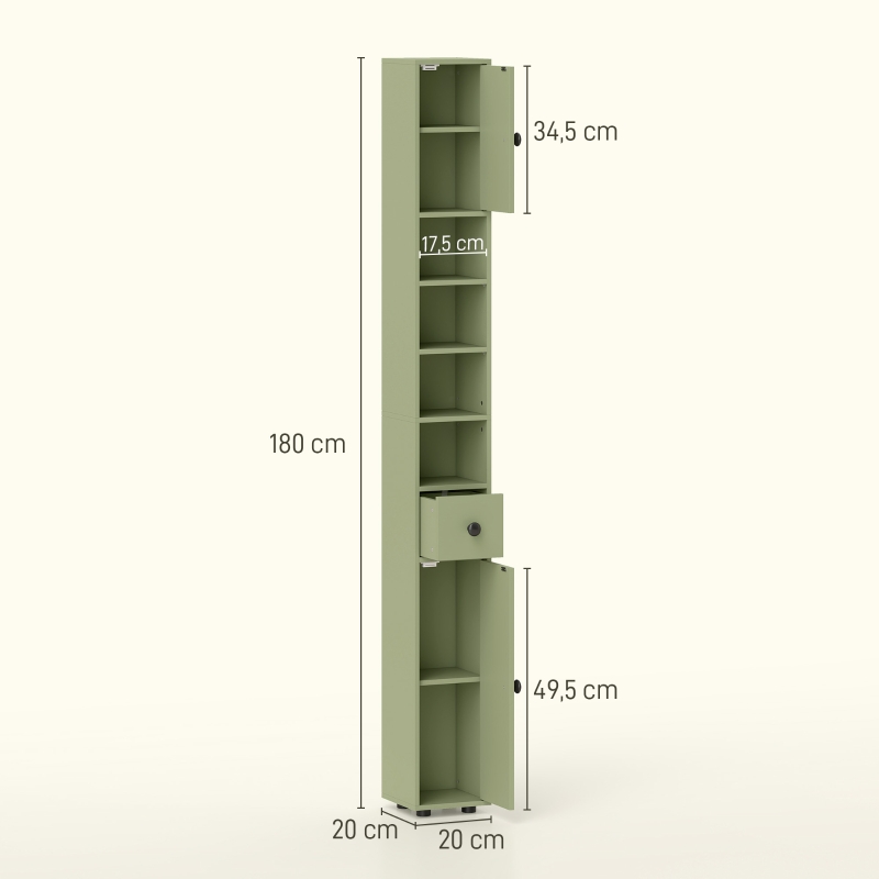 kleankin Colonne de rangement armoire haute pour salle de bain 1 tiroir 4 étagères réglables et 2 placards 20 x 20 x 180 cm vert