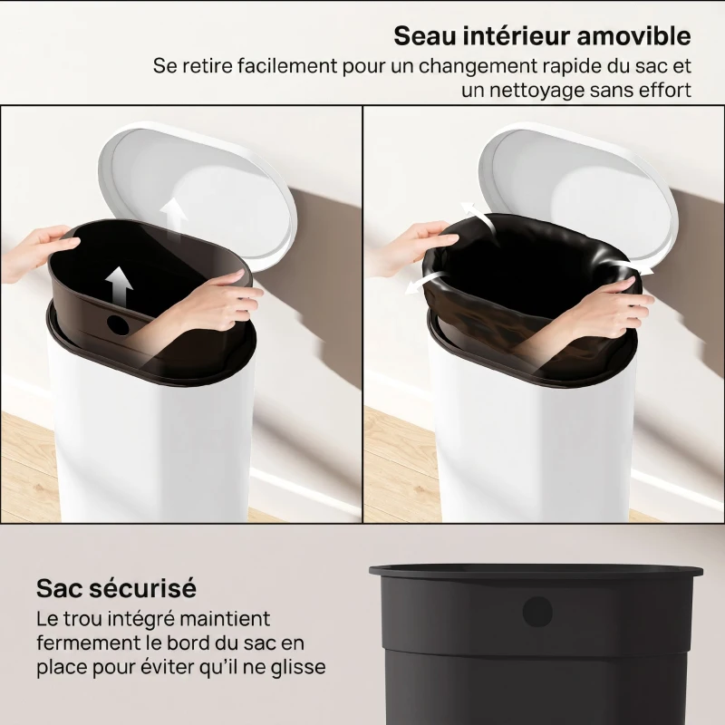 HOMCOM Poubelle cuisine 30L, poubelle à pédale, seau intérieur amovible, couvercle à fermeture douce, 36,5x31x61cm, blanc