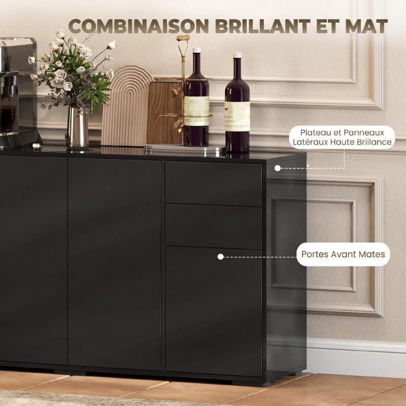 HOMCOM Buffet meuble de rangement 2 tiroirs coulissants 4 portes étagère réglable panneaux de particules 140 x 36 x 74 cm noir