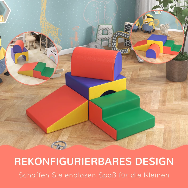 HOMCOM 4-delige Zacht Speelblokkenset voor Klimmen en Glijden, Kunstleer Bekleed, voor Kinderen van 1-3 Jaar, Meerkleurig
