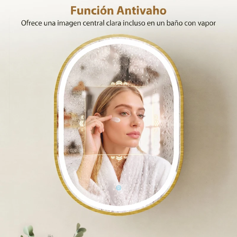 HOMCOM Armario de Baño con Espejo y Luces LED de 3 Colores Armario de Pared Ovalado con Función Memoria y Antivaho Dorado