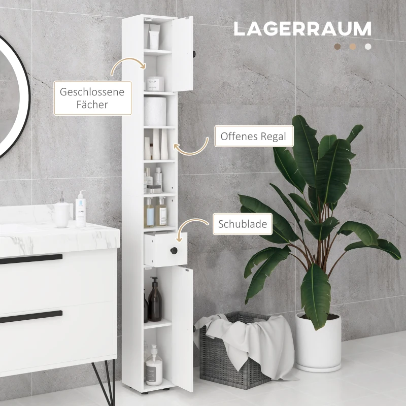 kleankin Badkamerkast, 4 planken, lade, spaanplaat, slank ontwerp, Wit