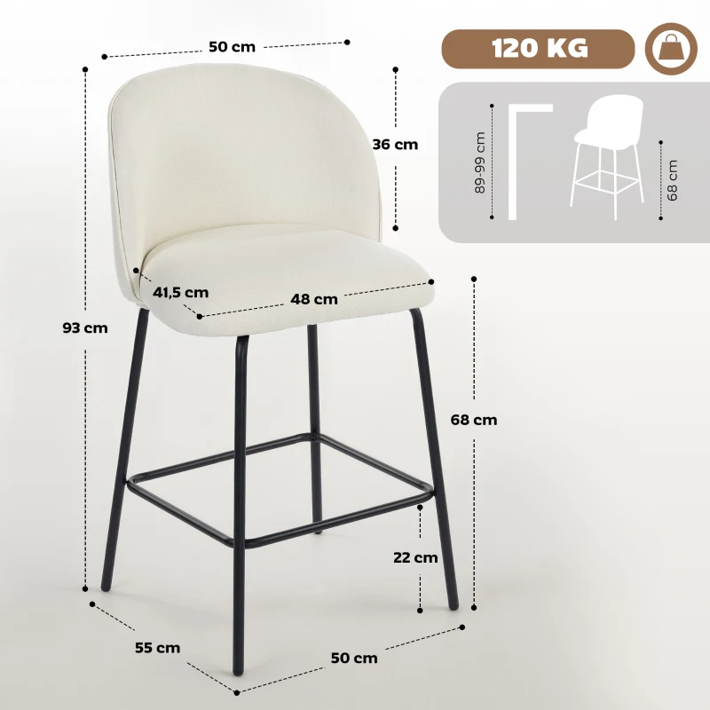 HOMCOM Lote de 2 Taburetes de Bar, Sillas de Bar, Reposapiés y Respaldo, Tela Efecto Lino, Altura de Asiento 68cm, Crema