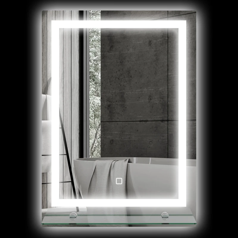 kleankin Espelho para Casa de Banho 50x70 cm com Moldura de Alumínio, Luzes LED Interruptor Tátil e Prateleira de Vidro para Casa de Banho Prata