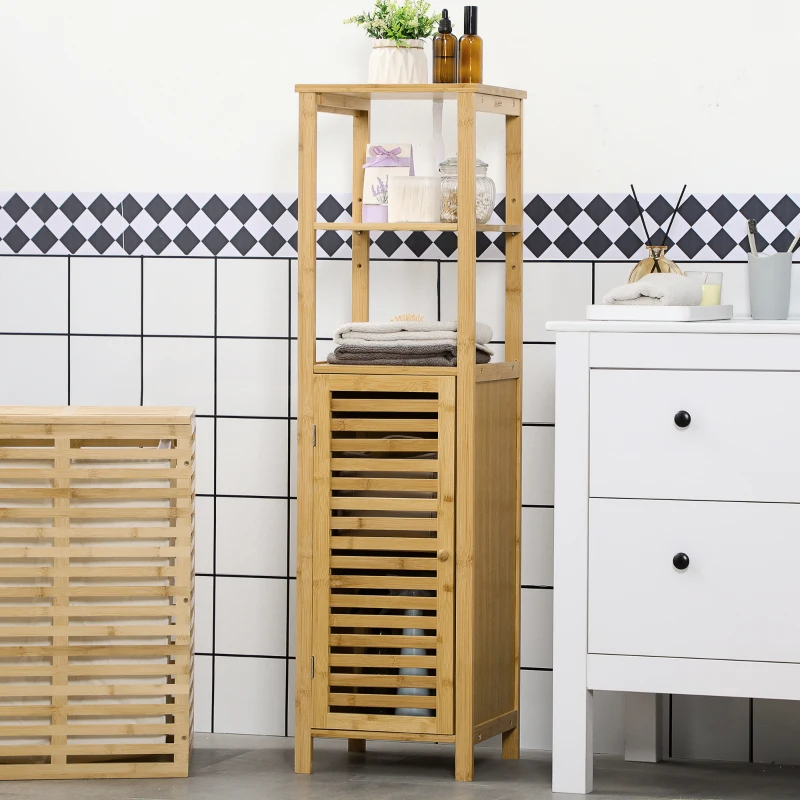 kleankin Armadietto Bagno in Bambù con 2 Ripiani Aperti e Armadietto a 2 Livelli, 32.9x29.9x120 cm