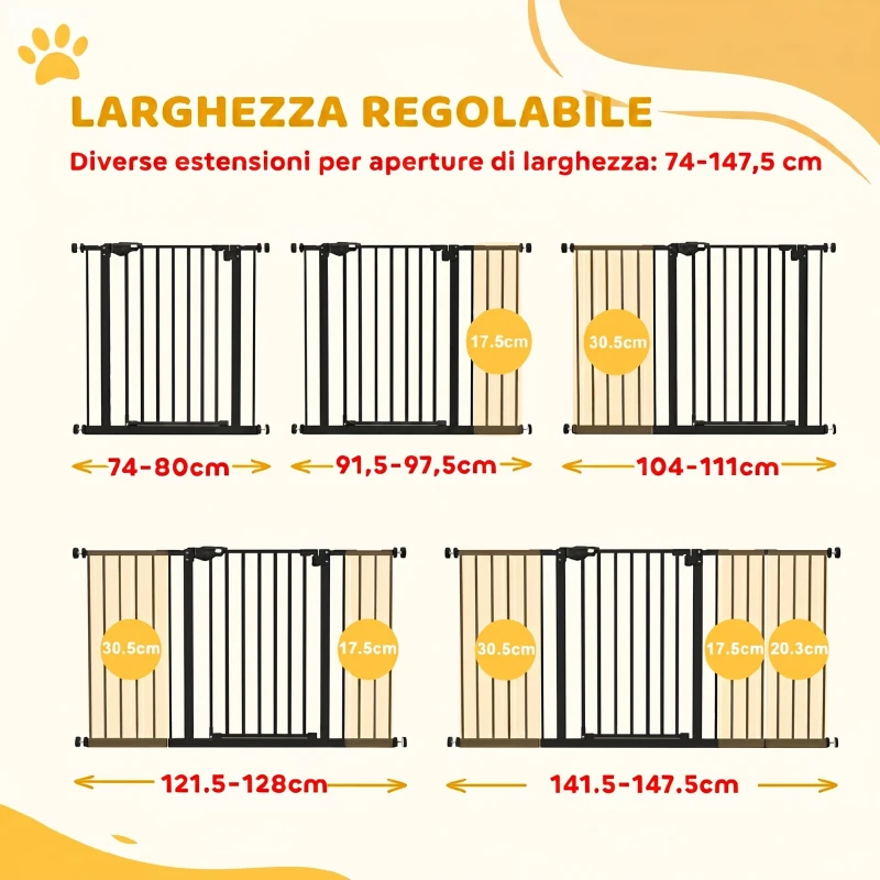 PawHut Cancellino per Cani a 3 Estensioni con Larghezza Regolabile fino a 147.5 cm e Chiusura Automatica, Nero