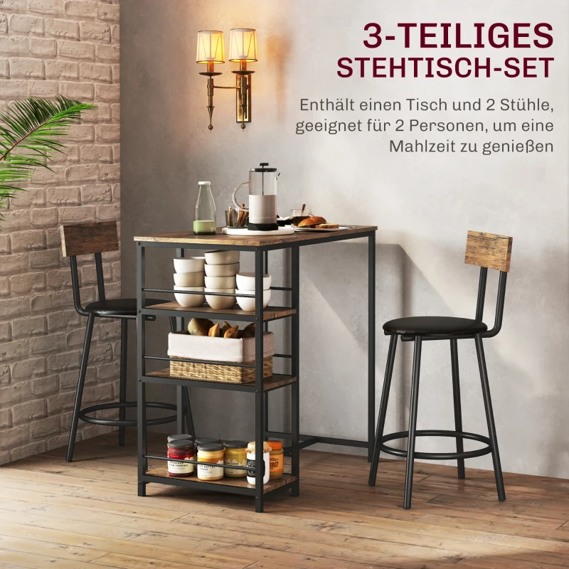 HOMCOM 3-delige eettafelset met bartafel en 2 stoelen, klein keukenset met zijplanken, MDF, metaal, zwart
