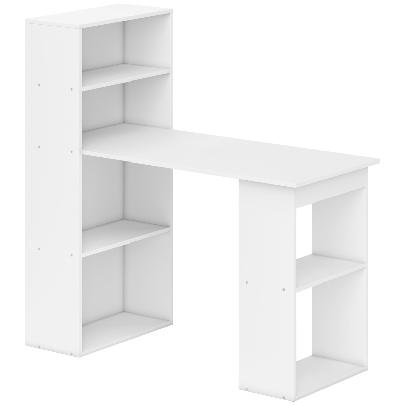 HOMCOM Escritorio con Estantería Librería Reversible Mesa de Ordenador con 6 Estantes de Almacenaje Estilo Moderno para Oficina Estudio Despacho 120x55x120 cm Blanco