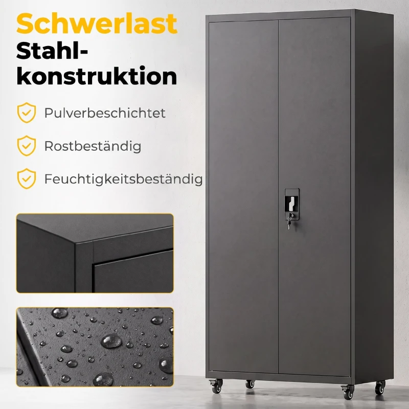 HOMCOM Afsluitbare metalen opbergkast met wielen, 5 verstelbare planken, staal, 80 x 40 x 180 cm, zwart