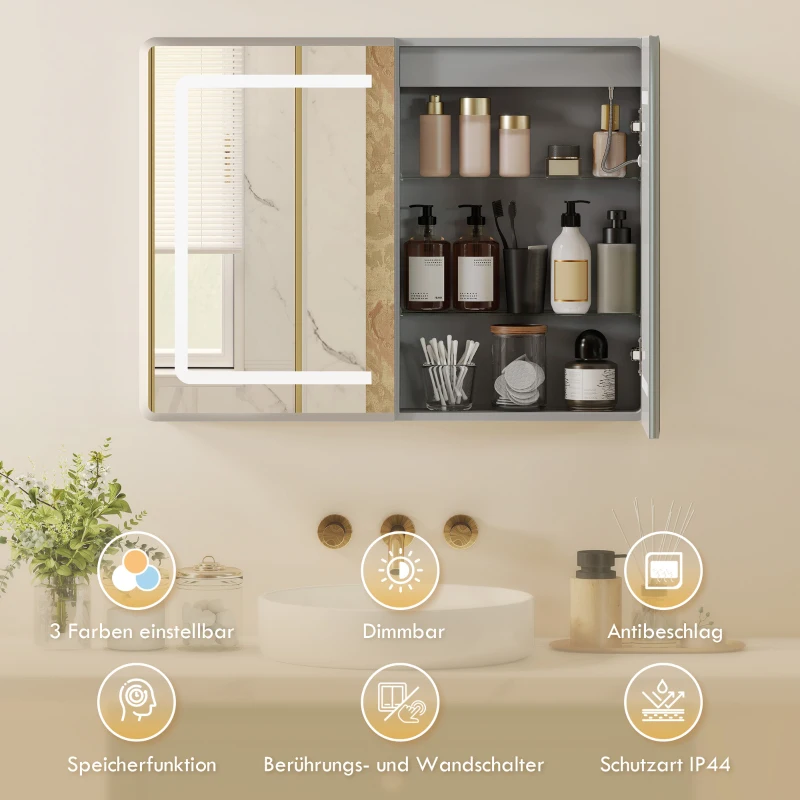 HOMCOM Spiegelkast voor de badkamer met LED-verlichting, 60 x 80 cm badkamerkast met anti-condens, 3-voudig dimbaar