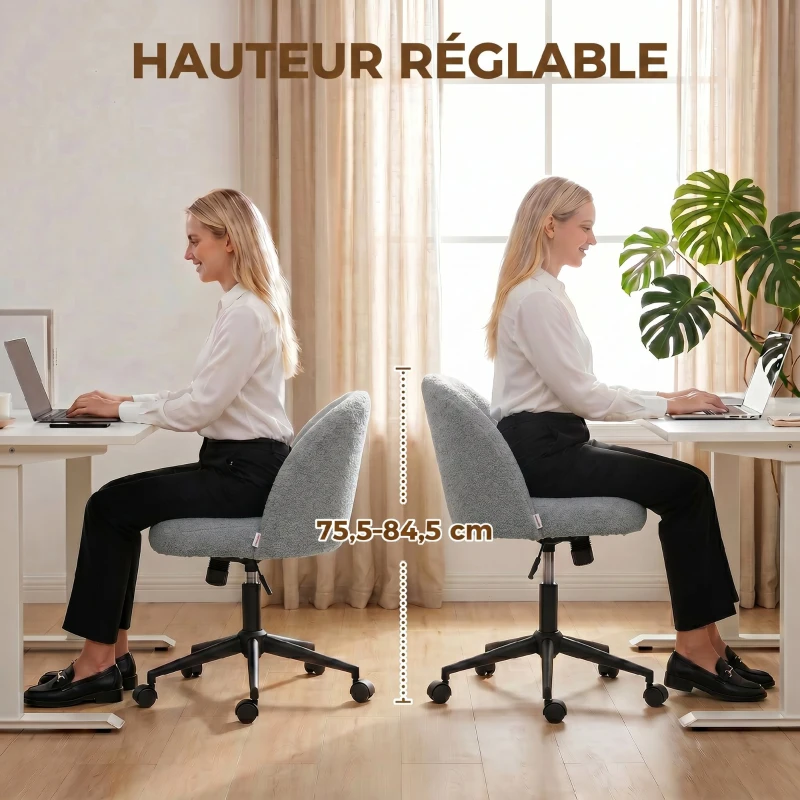 HOMCOM Chaise de Bureau Pivotante en Fourrure Teddy, Hauteur Réglable, Roulettes, Mousse Haute Résilience, Gris