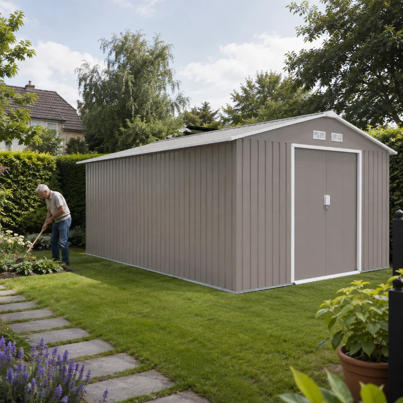 Outsunny Berging, Weerbestendig tuinhuis voor tuingereedschap, met ventilatieramen, schuifdeuren, staal, lichtgrijs(m-2)