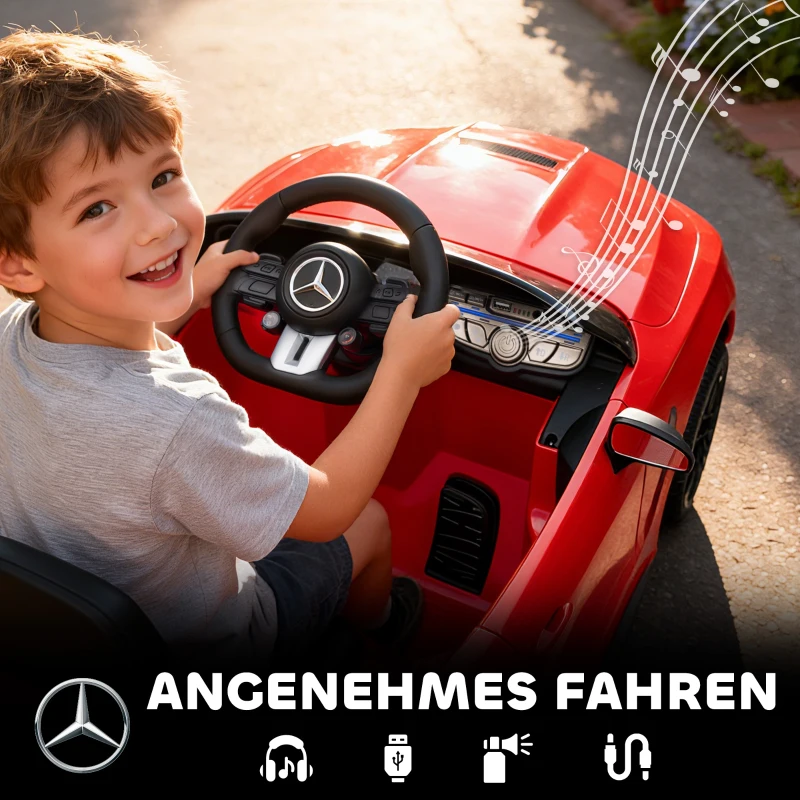 AIYAPLAY Elektrische kinderauto, Mercedes-design, 12V motoren, afstandsbediening, LED-lichten, muziek, voor 3-6 jaar, rood