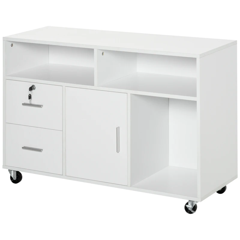 HOMCOM Support d'imprimante à 2 tiroirs meuble de rangement sur roulettes étagères ouvertes et placard, 100 x 35 x 65 cm, blanc
