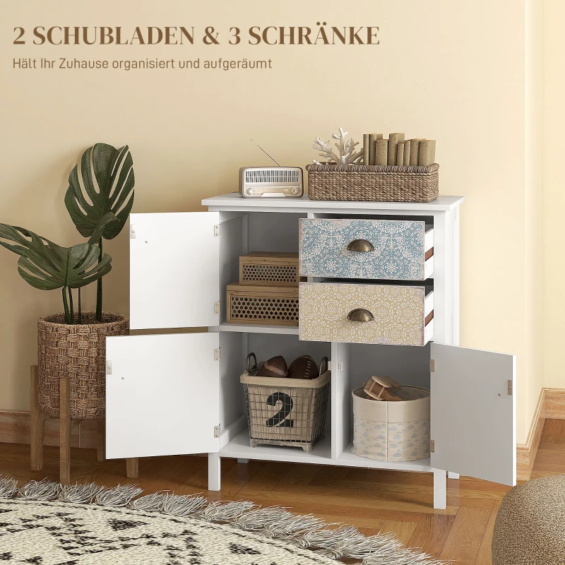HOMCOM Sideboard, Shabby Chic Commode, 2 Laden, 3 Kasten, Grenenhout, 68x34x80cm, Wit