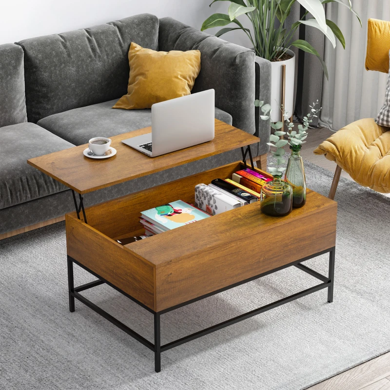 HOMCOM Mesa de Centro Elevable Mesa de Centro con Espacio de Almacenaje Oculto para Salón Comedor 90x60,5x45,5 cm Teca