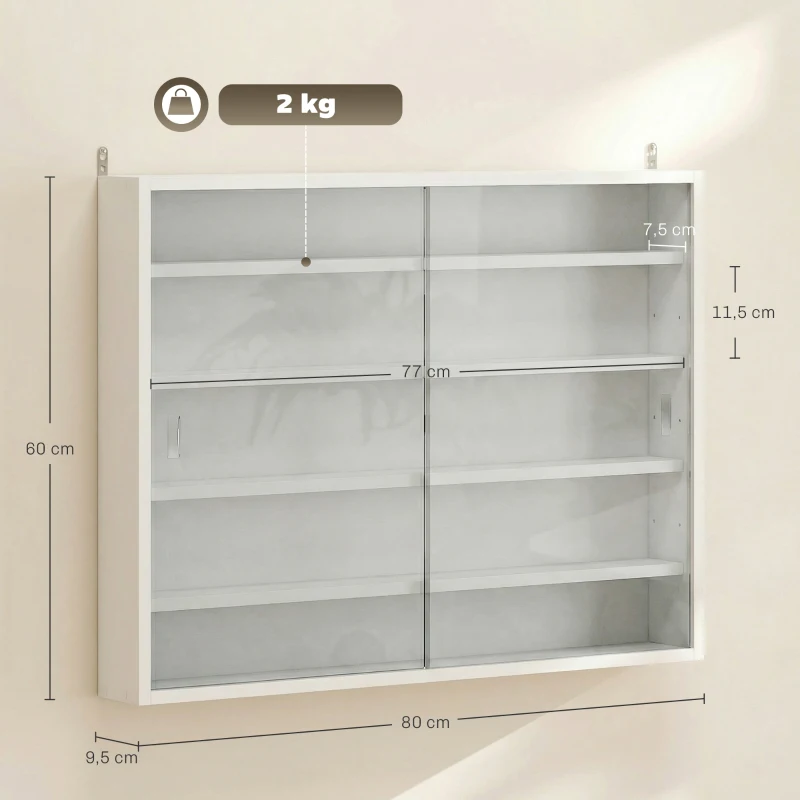 HOMCOM Vitrine de Parede com Prateleiras Ajustáveis e 2 Portas Corredeiras de Vidro para Coleções 80x9,5x60 cm Branco