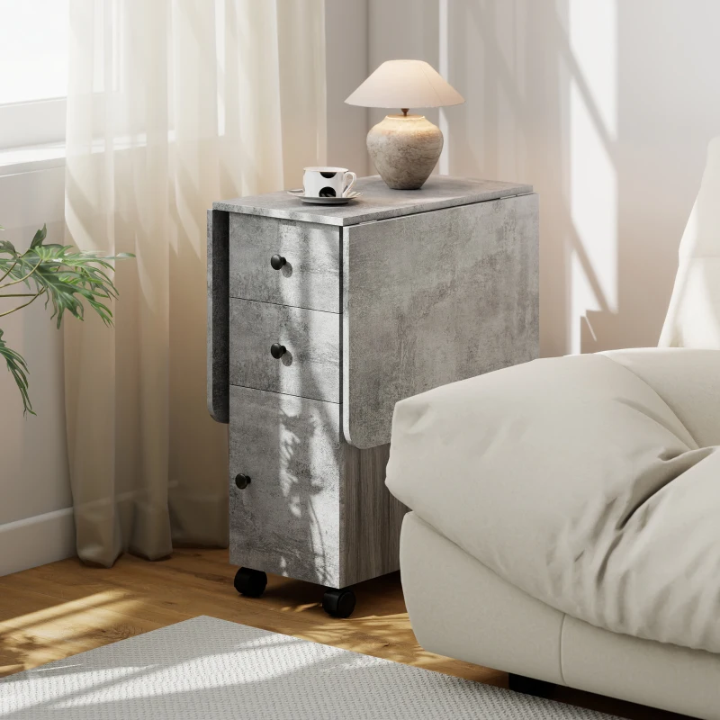 HOMCOM Tavolo Pieghevole con 2 Cassetti e Armadietto, 6 Rotelle e Freni, 120x60x76.5 cm, Grigio Legno e Roccia