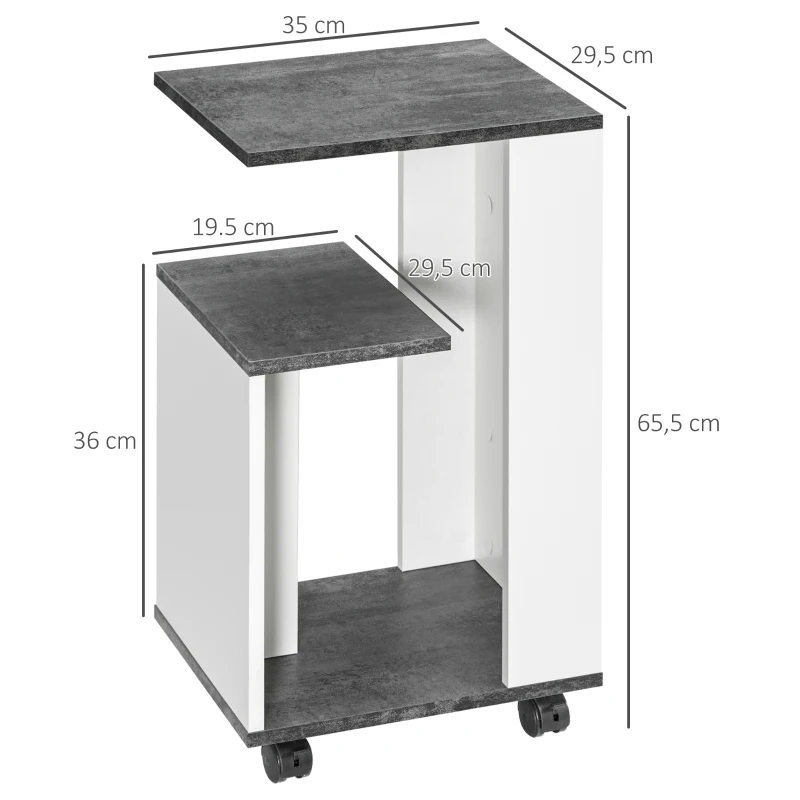 HOMCOM Nachtkastje met 4 wielen, 3 planken, 35 x 29,5 x 65,5 cm, Grijs/Wit