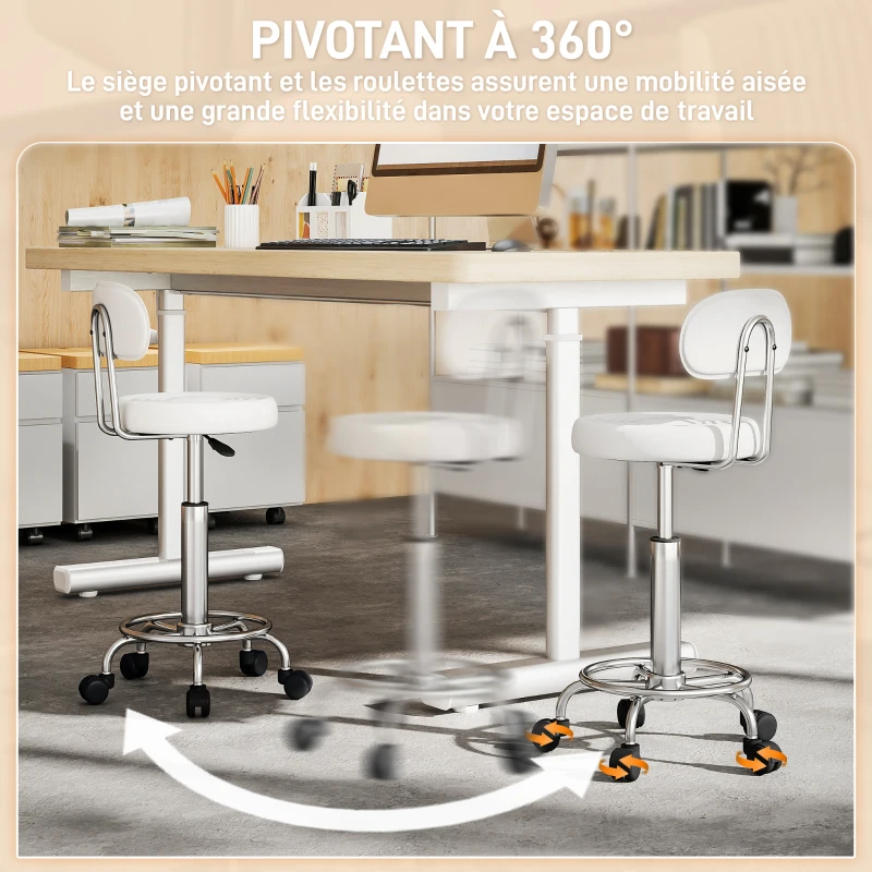 HOMCOM Tabouret à roulettes, tabouret de massage avec hauteur réglable 70-86 cm et dossier, pivotant 360°, blanc