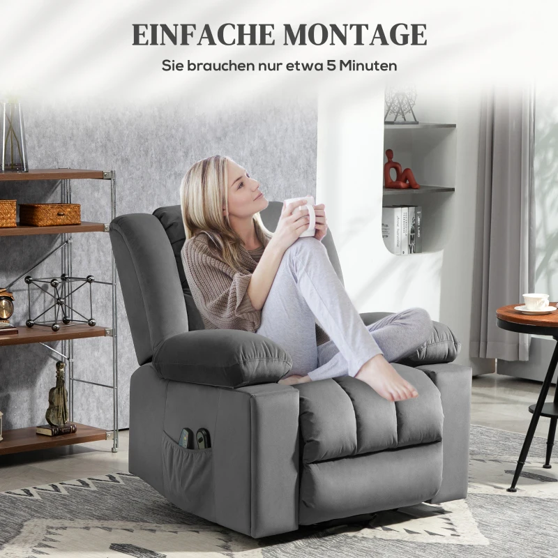 HOMCOM Elektrische Relaxfauteuil met opsta-hulp – Ligstoel met verwarmings- en massagefunctie, afstandsbediening, bekerhouder, zijvak, USB, pocketvering, fluweel, donkergrijs