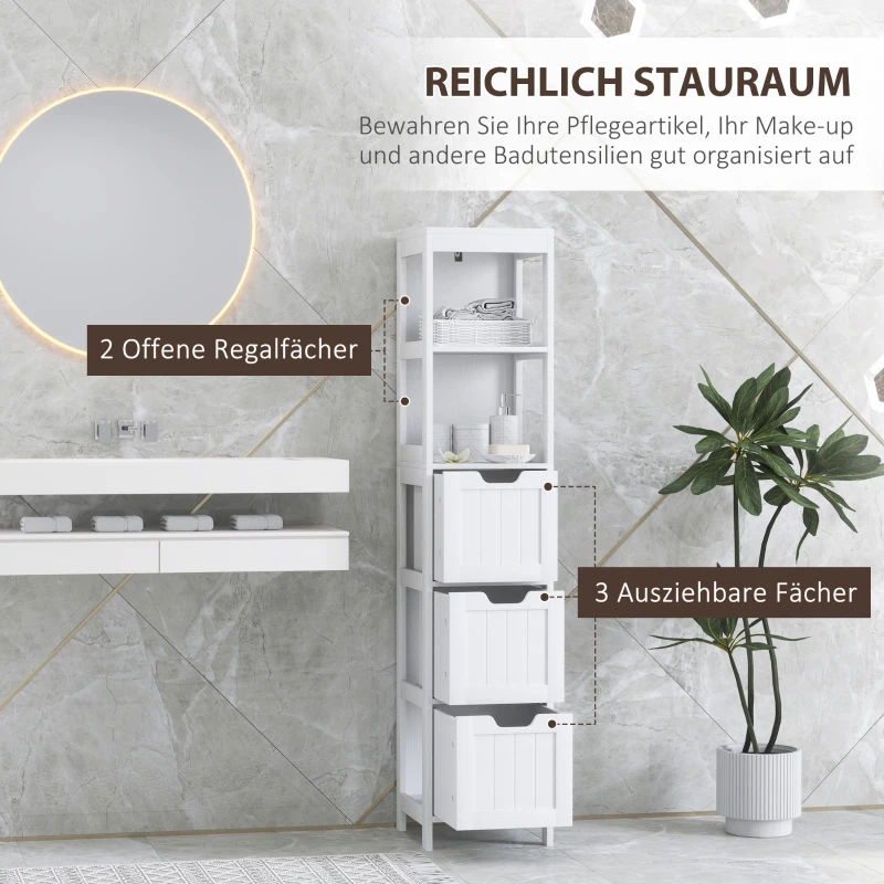 HOMCOM Badkamerkast met 3 Laden en 2 Open Schappen, Smalle Opbergkast voor Kleine Badkamer, Waterafstotend Materiaal, Wit