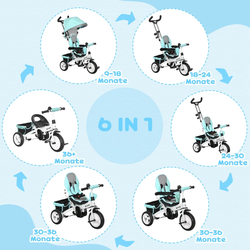 HOMCOM 6-in-1 Kinderdriewieler met Duwstang, Zonnedak, Veiligheidsgordel, Opbergmand, voor Kinderen van 1-5 Jaar, Groen
